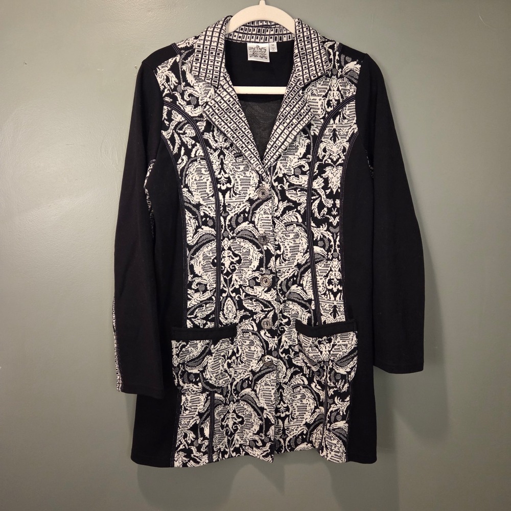 Parsley & Sage Women's Long Button Up Knit Printed Cardigan Size M Black White